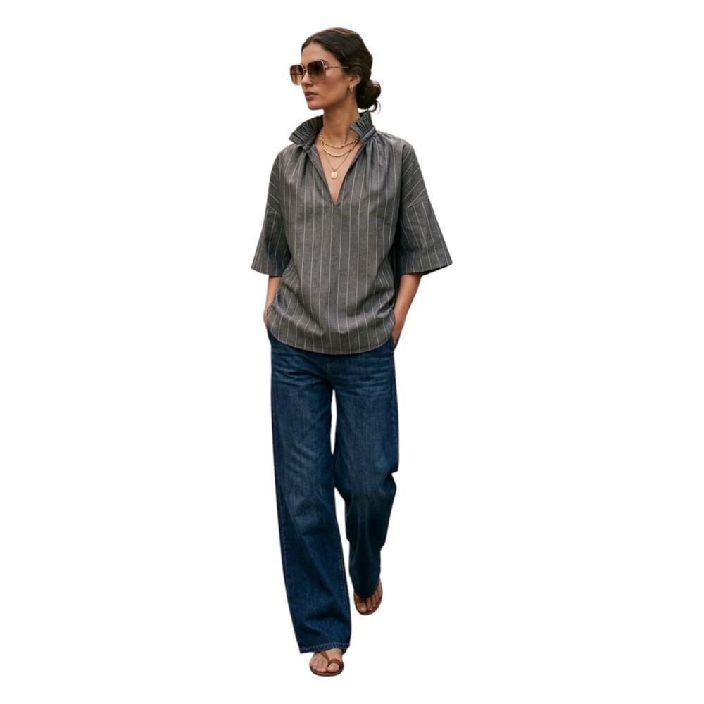 A Shirt Thing Penelope Top Grey Pinstripe Ruffle Collar Shirt Tunic Top Medium